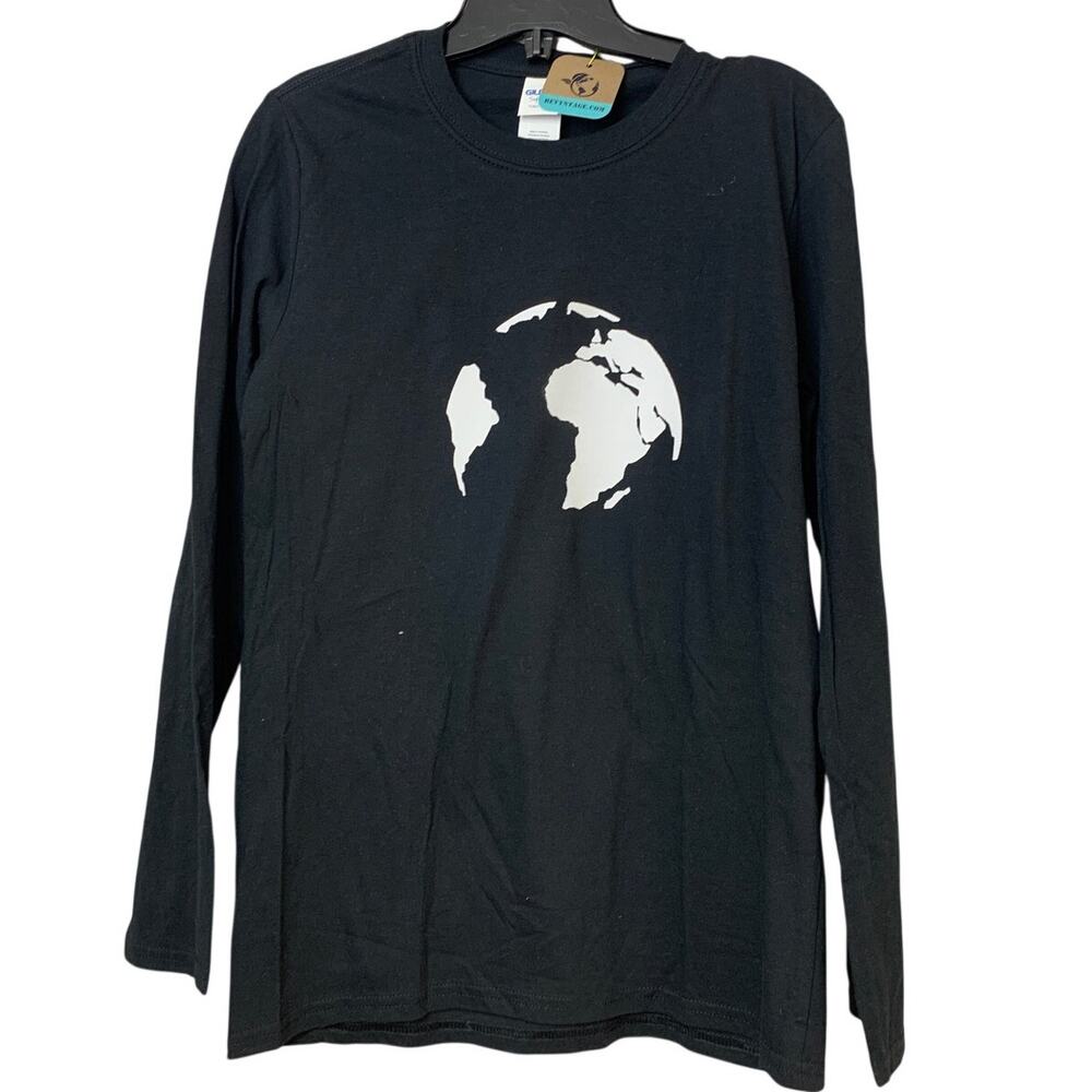 New Hand Printed Womens Small Black Save The Planet Earth Long Sleeve Tee Shirt